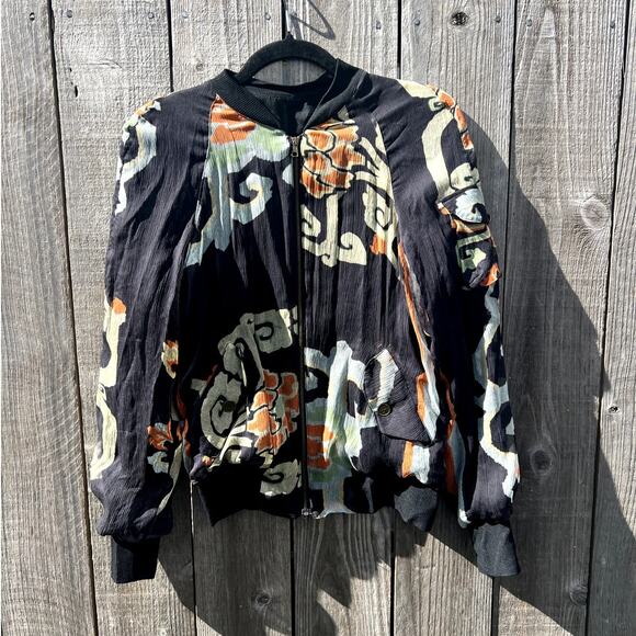 Fornarina | Vtg Y2K Abstract Floral Japanese Silk Bomber Jacket Cargo Pocket Med - Picture 2 of 10